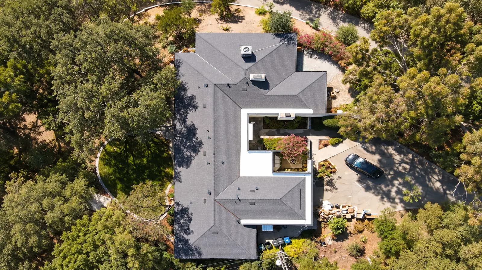 Aerial view of a completed Wild Oak roof replacement