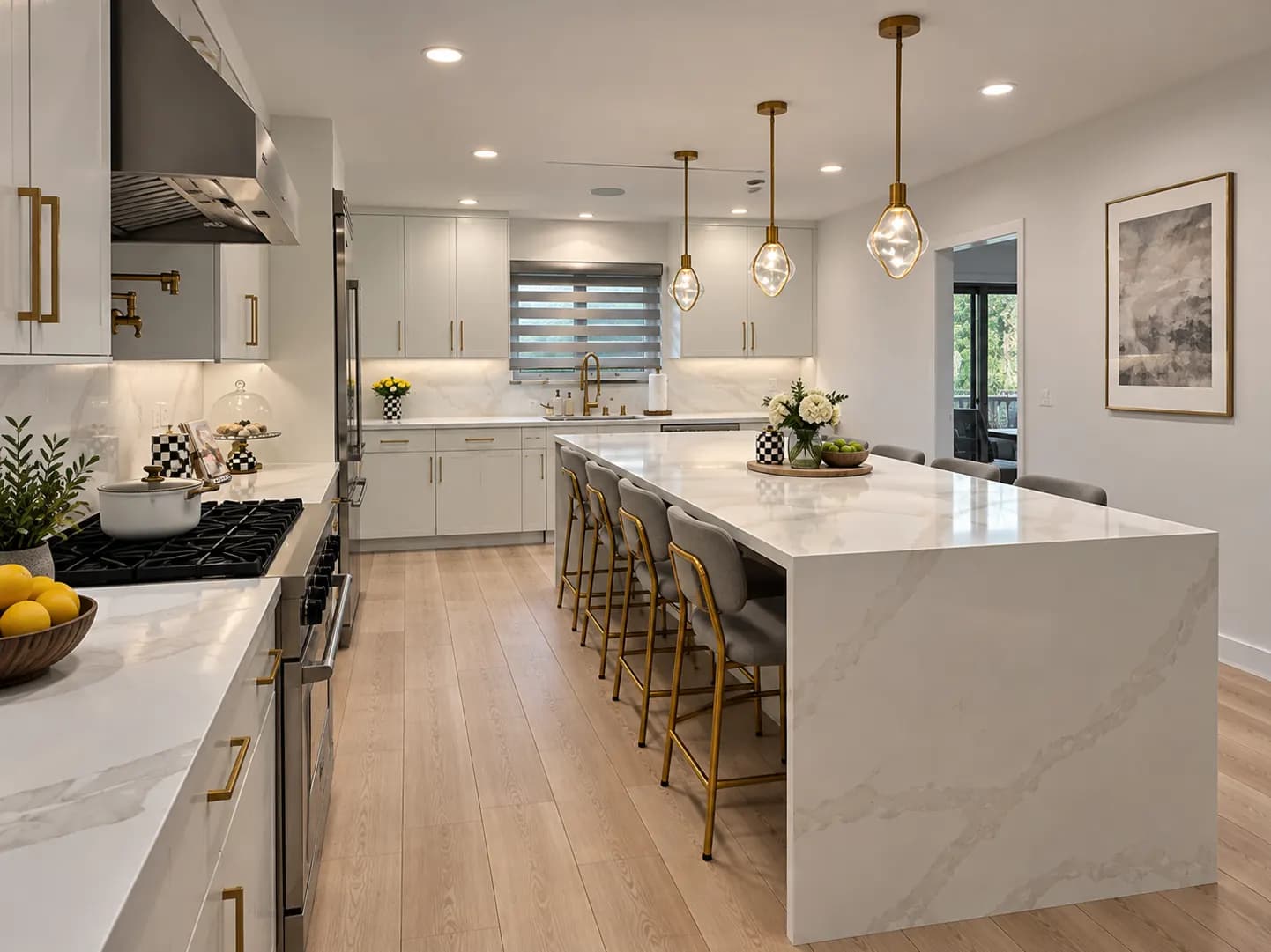 Finished white kitchen with island in a Los Angeles home