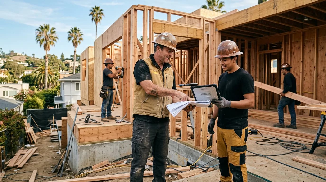 Contractor reviewing plans on a tablet with a crew member at a framing site