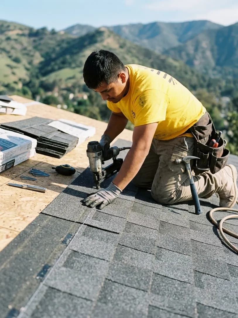 Wild Oak roofer installing new shingles on a Los Angeles hillside home